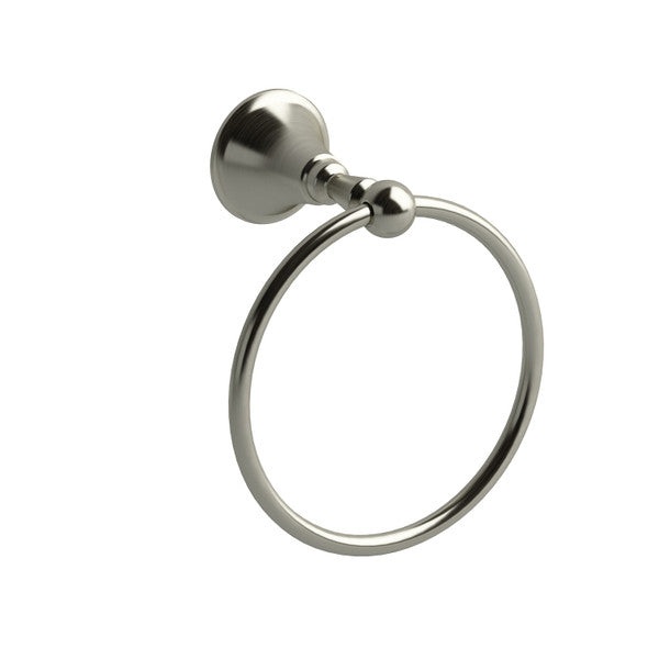 A polished metal towel ring mounted on a wall.
