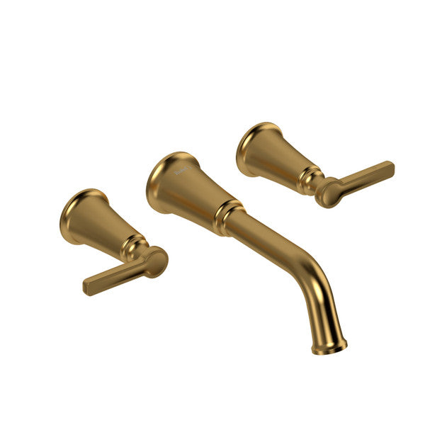 Gold bathroom faucet set with two handles and a spout.