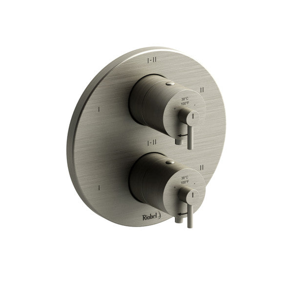 Modern two-handle shower control in brushed metal finish.