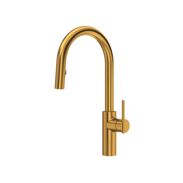 Gold kitchen faucet with a curved spout