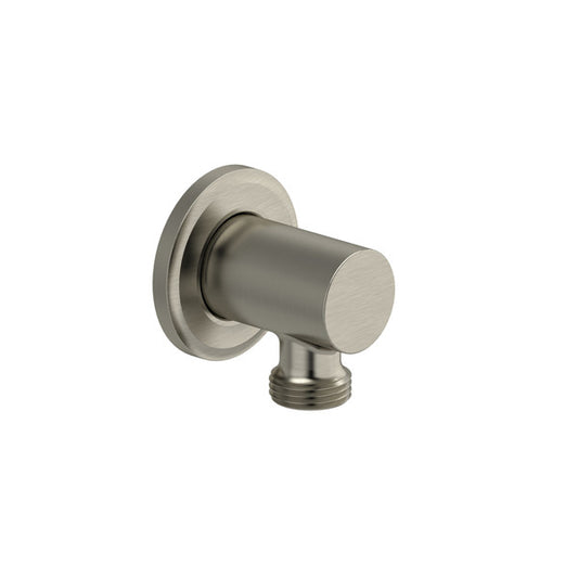 A wall-mounted brushed nickel faucet fitting.