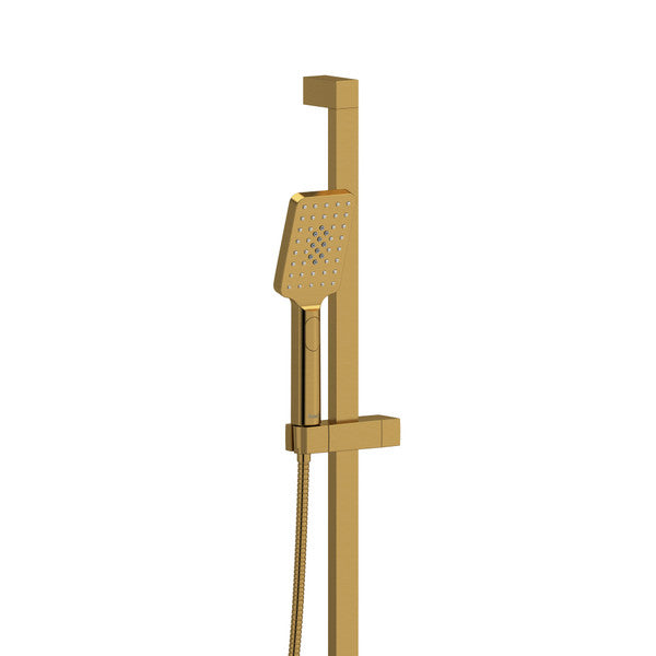 Gold showerhead system with adjustable height and handheld shower.
