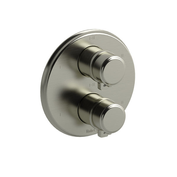 A polished metal control panel with two knobs on a round base.