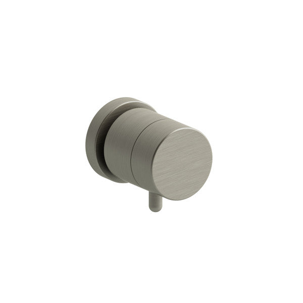 A modern, round brushed nickel faucet handle