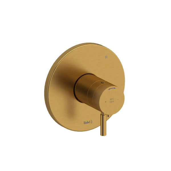 Modern gold shower faucet control with a round plate.