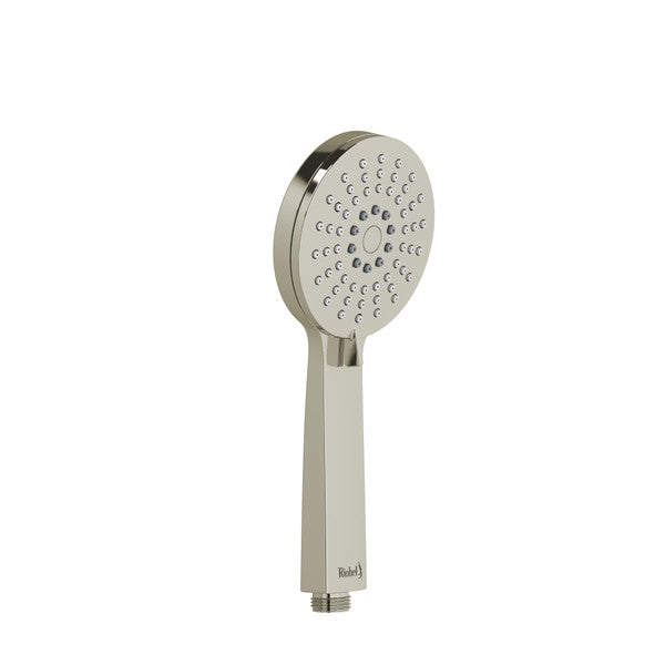 A modern handheld showerhead with a circular design and multiple water jets.