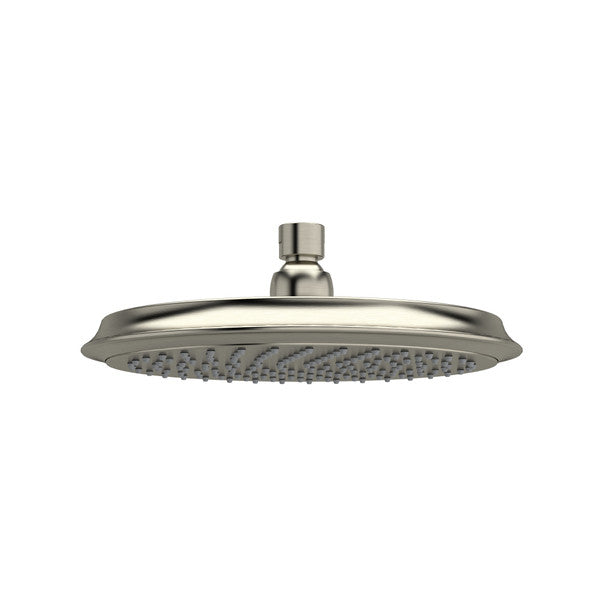 round metallic shower head with multiple nozzles
