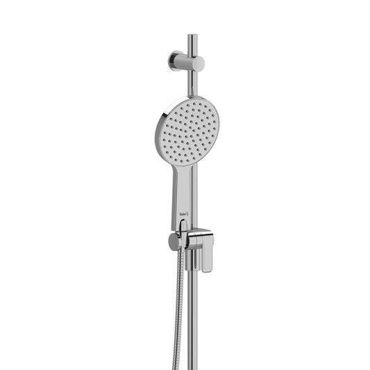 A modern showerhead with a round face and adjustable mount.