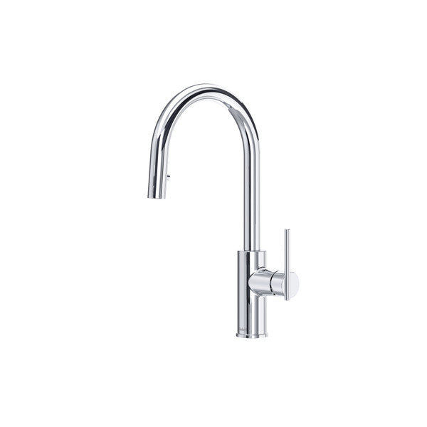 Chrome kitchen faucet with a curved spout