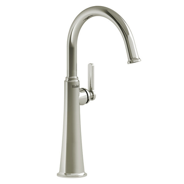 Modern chrome kitchen faucet with a curved spout and lever handle.