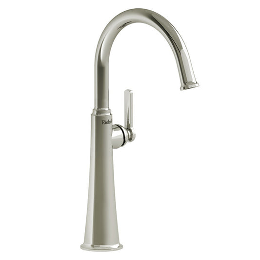 Modern chrome kitchen faucet with a curved spout and lever handle.