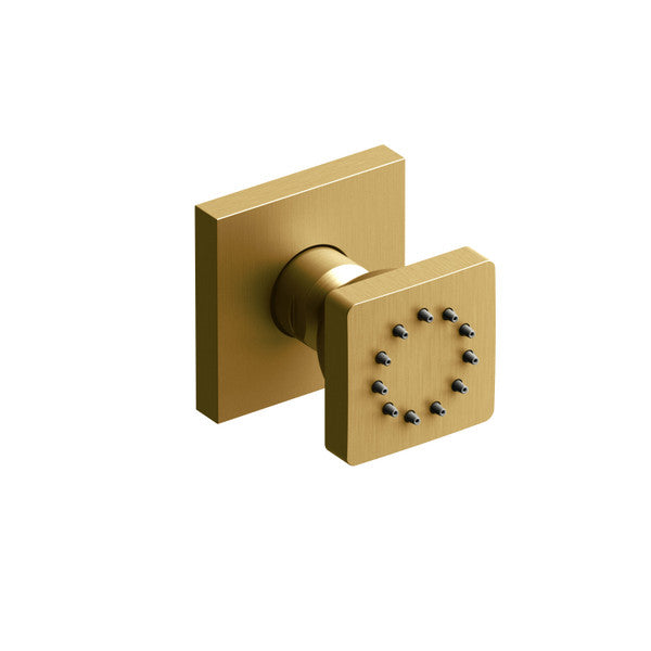 Square-shaped gold door knob with decorative detailing