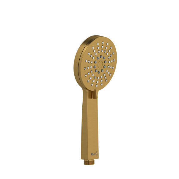 Golden showerhead with a round, perforated face and a sleek handle.