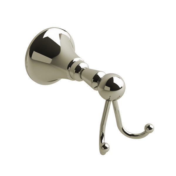 A shiny chrome wall hook with a round base and two hooks.