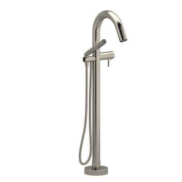 Modern floor-mounted bathtub faucet with a sleek design.