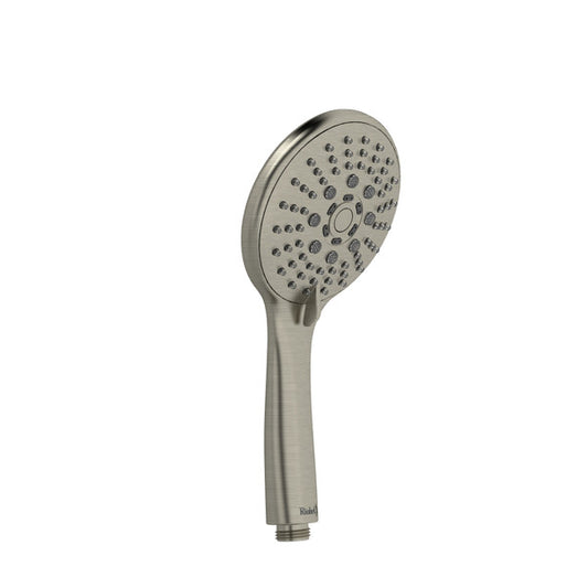 Handheld showerhead with a sleek design and multiple spray holes.
