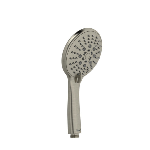 Handheld showerhead with a sleek design and multiple spray holes.