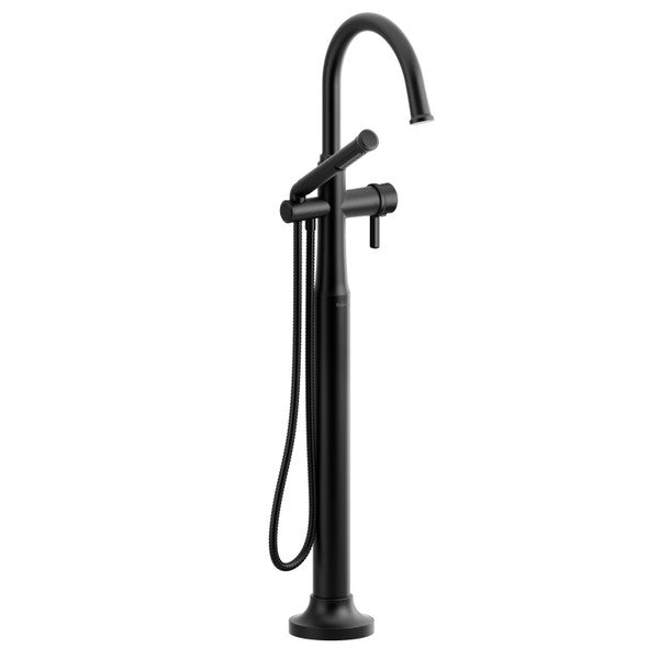 Modern black freestanding bathtub faucet with a sleek design