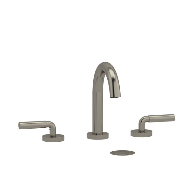 Modern bathroom sink faucet with two handles and a sleek design.