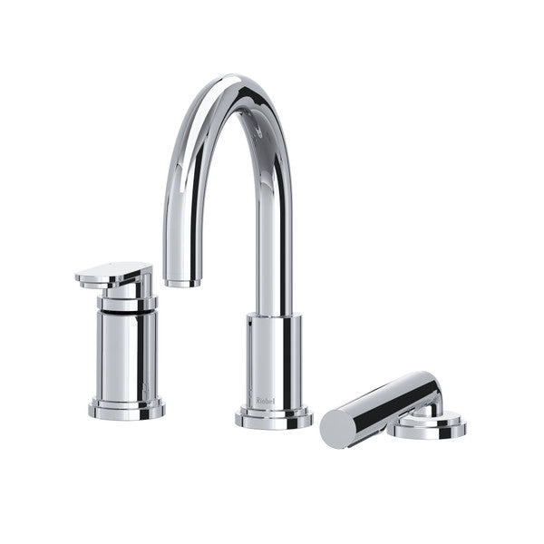 Modern chrome faucet set with a high-arc spout and side handles.