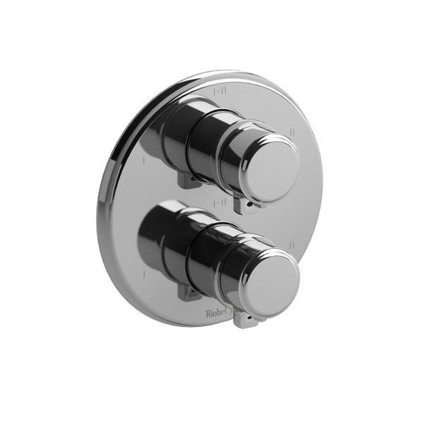 A chrome bathroom faucet control with dual knobs on a circular plate.