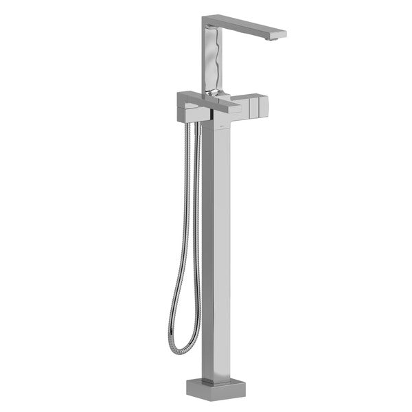 Modern chrome freestanding bathtub faucet with hand shower.