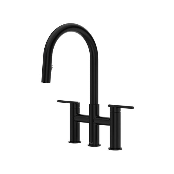 Black kitchen faucet with dual handles and high arc spout