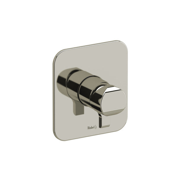 A modern chrome valve or faucet control on a square plate.