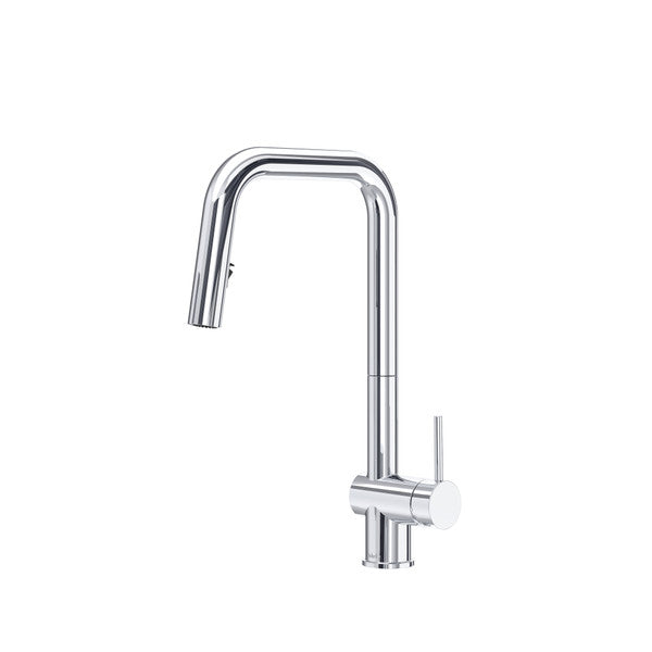 Modern silver kitchen faucet with a high arc design and side handle.