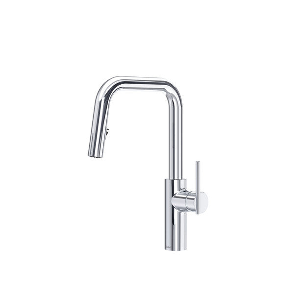 Chrome kitchen faucet with a curved spout and single lever handle