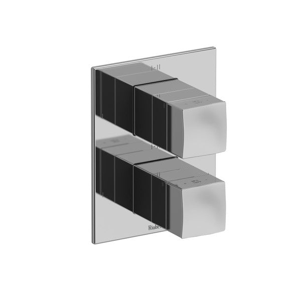 A modern dual control panel with sleek black and silver switches.