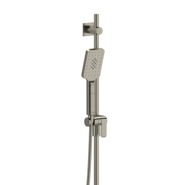 Wall-mounted showerhead with adjustable height and handheld sprayer.