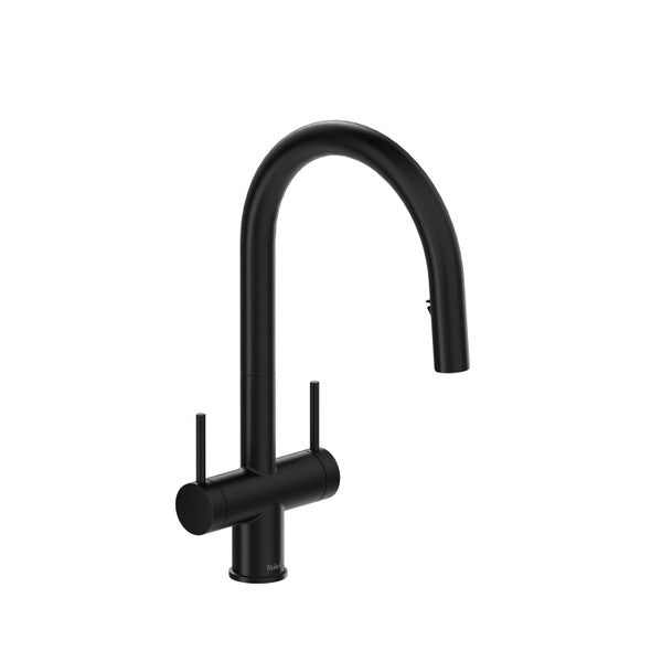 Black modern kitchen faucet with dual handles