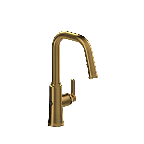 A sleek, modern gold kitchen faucet with a curved spout and side handle.