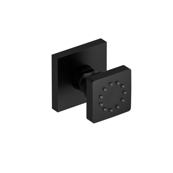 Black square shower head with circular spray nozzles