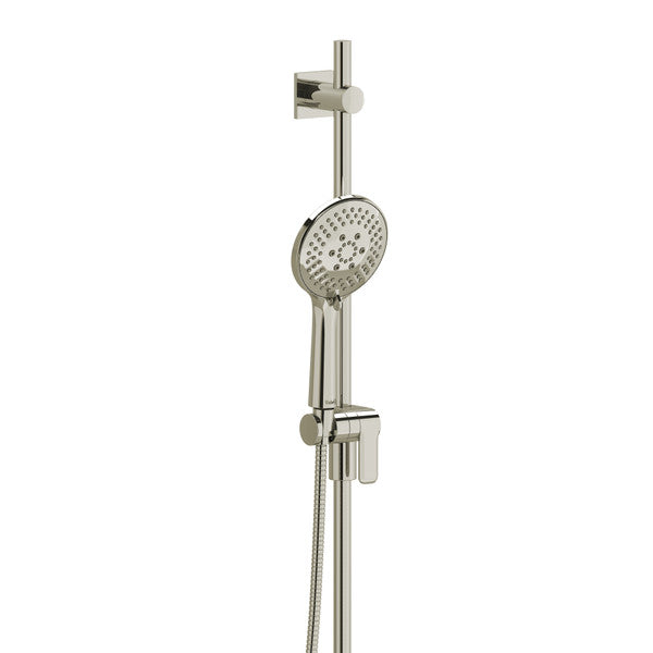 A modern showerhead with an adjustable height and a handheld option.