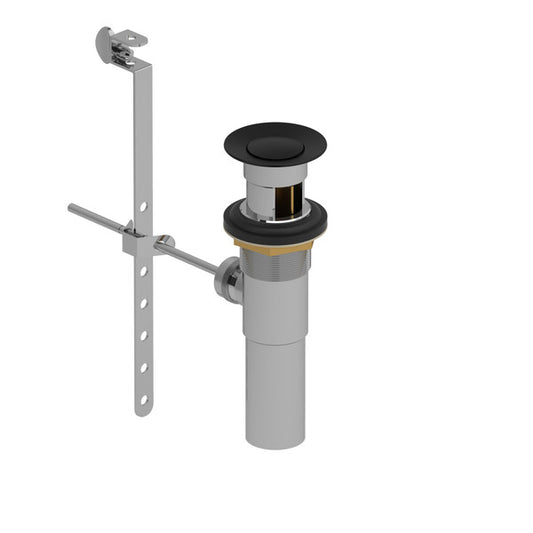 Chrome sink drain assembly with a black stopper and adjustable tailpiece.