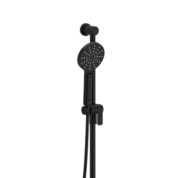 Black shower head with adjustable height and hand-held shower attachment.