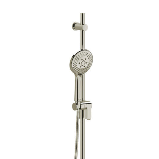 A modern showerhead with a handheld option, mounted on a vertical rail.