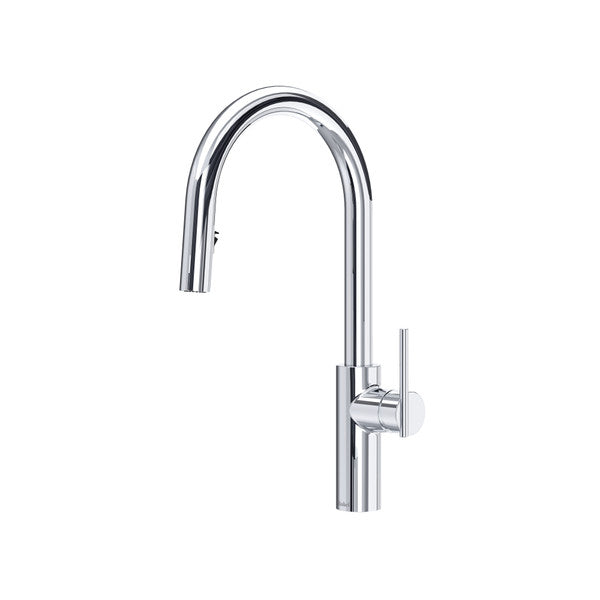 Chrome kitchen faucet with a curved spout