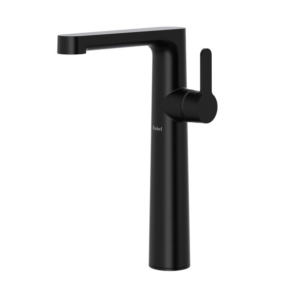 Modern black kitchen faucet with a sleek design.