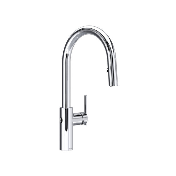 Chrome kitchen faucet with a tall, curved spout