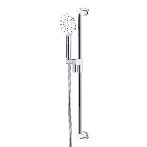 Chrome showerhead with adjustable height on a wall mount