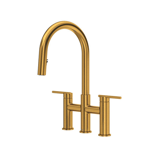 Gold kitchen faucet with dual handles and curved spout