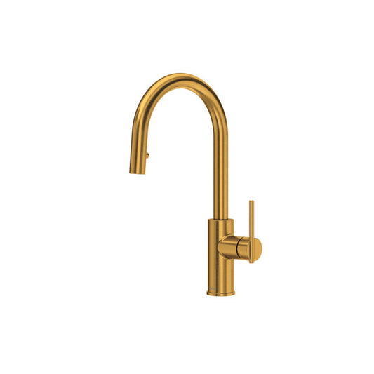 Gold kitchen faucet with a curved spout and lever handle