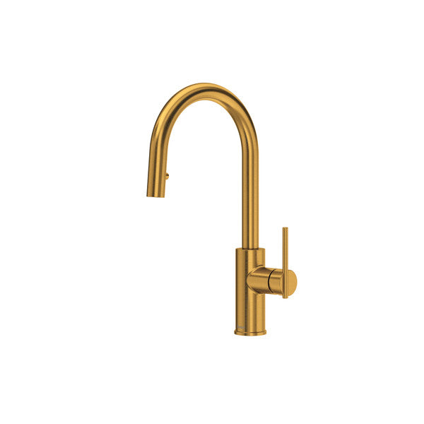 Gold kitchen faucet with a curved spout and lever handle