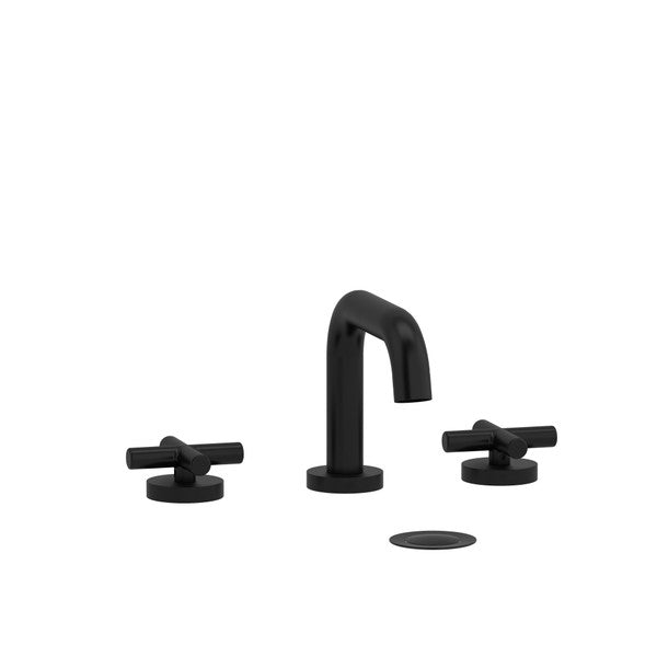Black bathroom faucet with two handles and a drain cover.