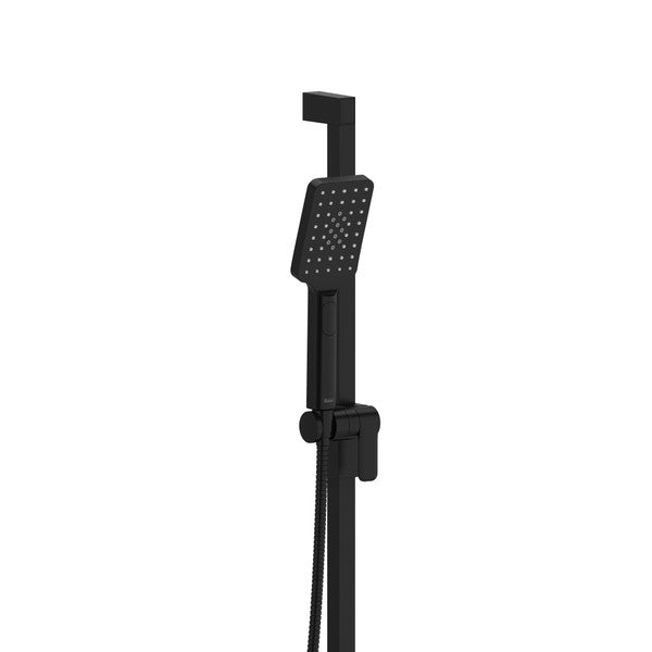 Modern black showerhead with adjustable height and sleek design.