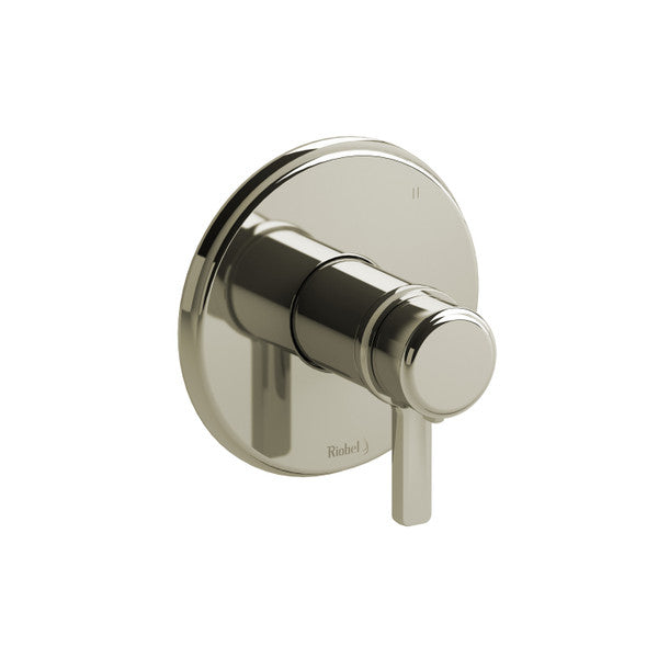 Modern chrome shower valve handle mounted on a circular escutcheon.