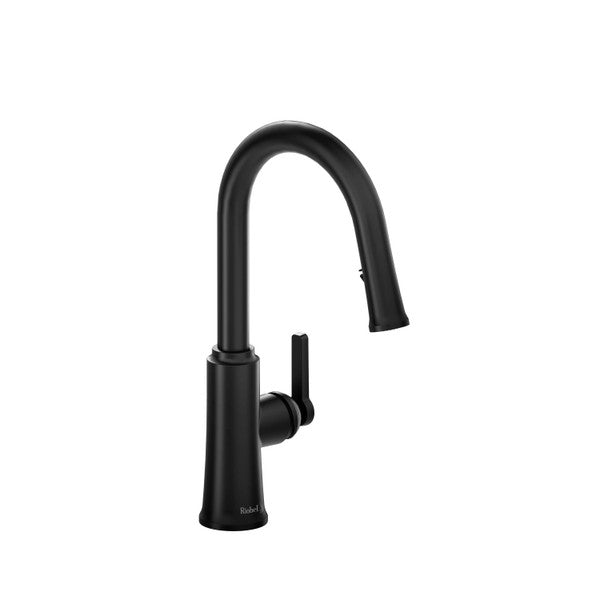 Black kitchen faucet with a curved spout and lever handle